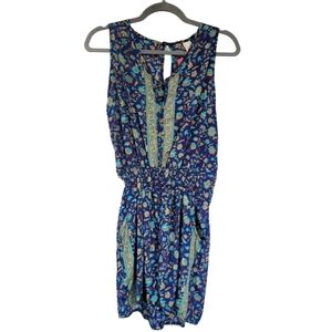 RAGA Romper Sz M Floral Blue Sapphire Boho Satin Sleeveless Pockets